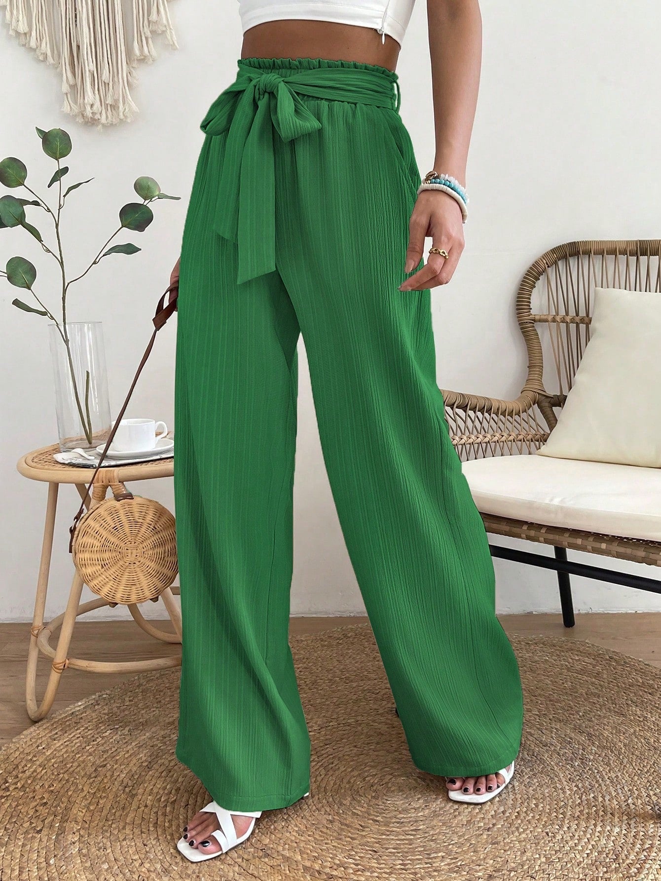 Paperbag Waist Belted Wide Leg Pants InsStreet
