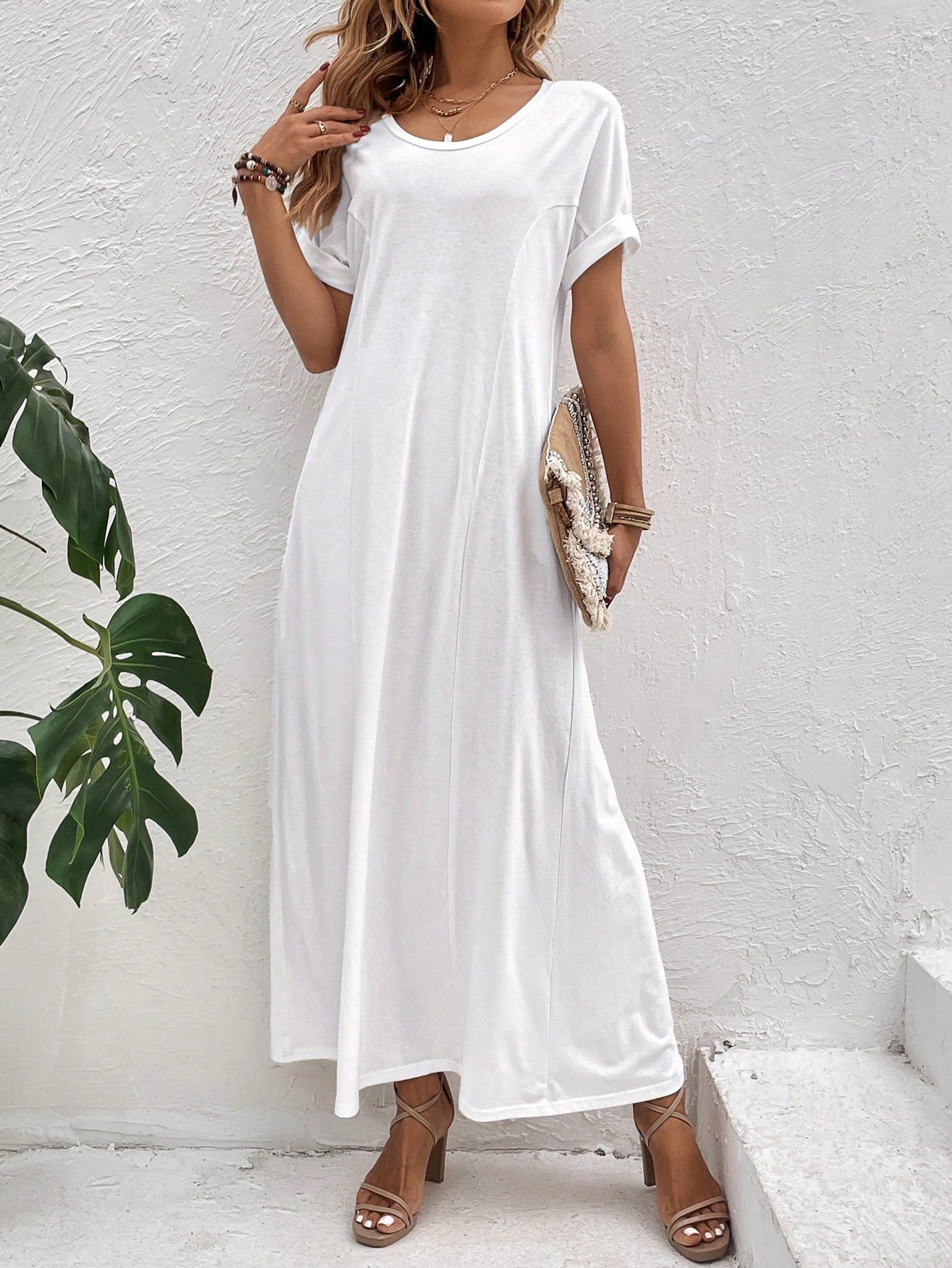 Solid Batwing Sleeve Tee Dress InsStreet