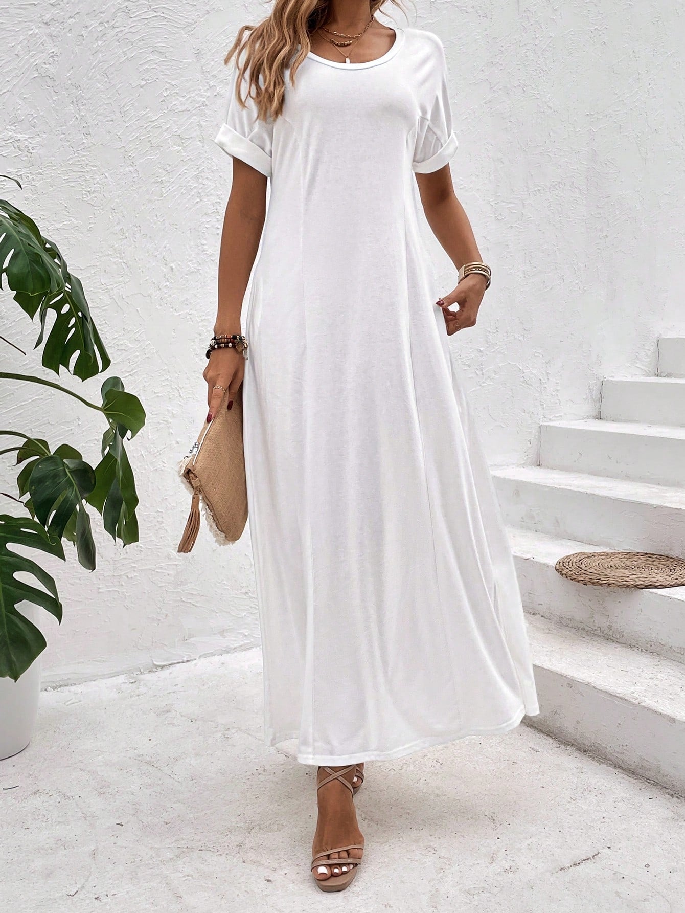 Solid Batwing Sleeve Tee Dress InsStreet