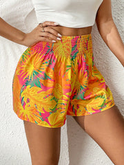 Tropical Print Shirred Waist Shorts InsStreet