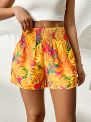 Tropical Print Shirred Waist Shorts InsStreet