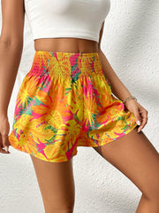 Tropical Print Shirred Waist Shorts InsStreet