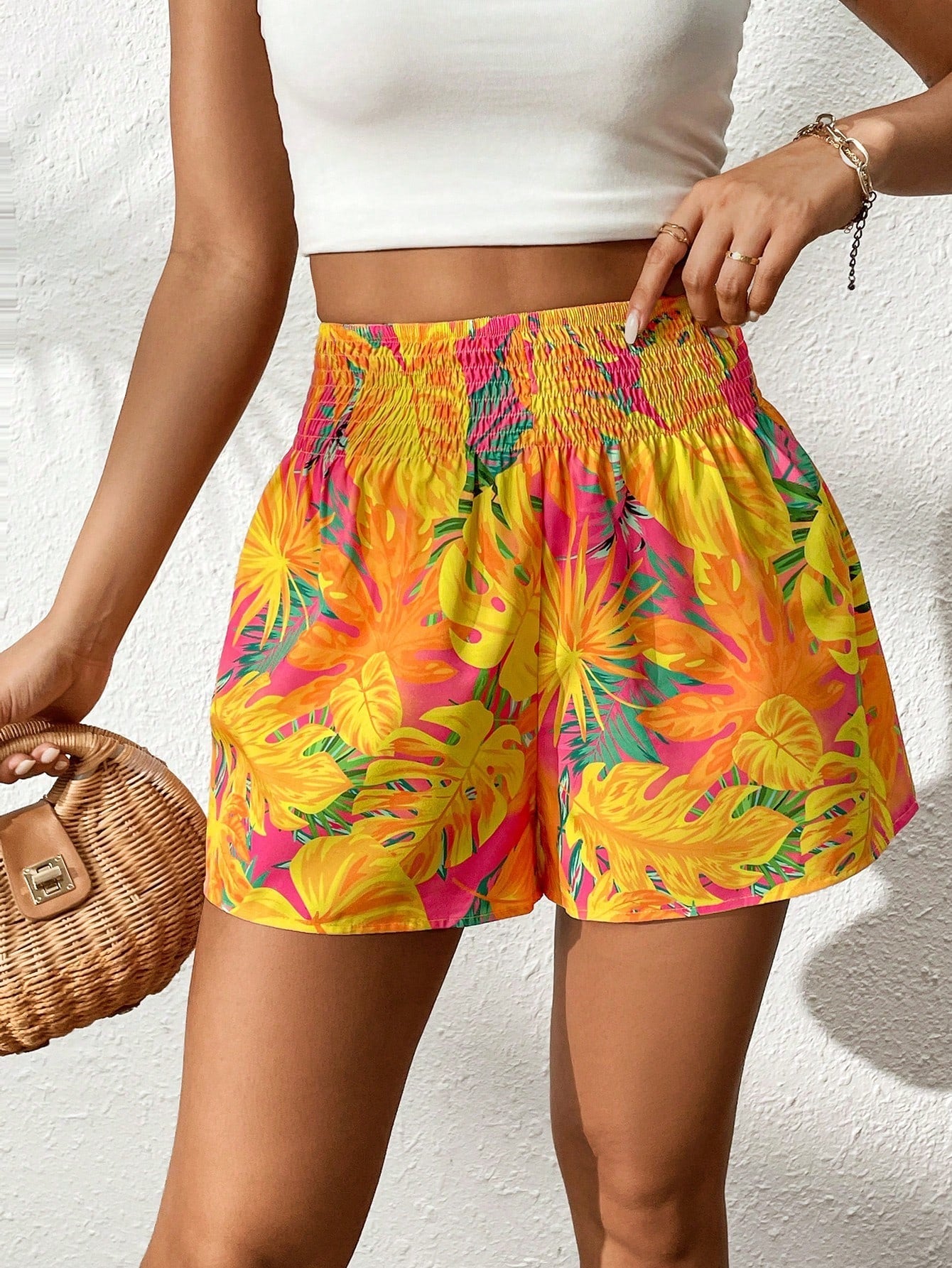 Tropical Print Shirred Waist Shorts InsStreet