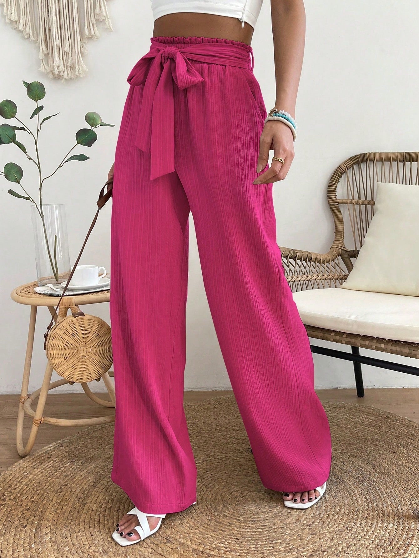 Paperbag Waist Belted Wide Leg Pants InsStreet