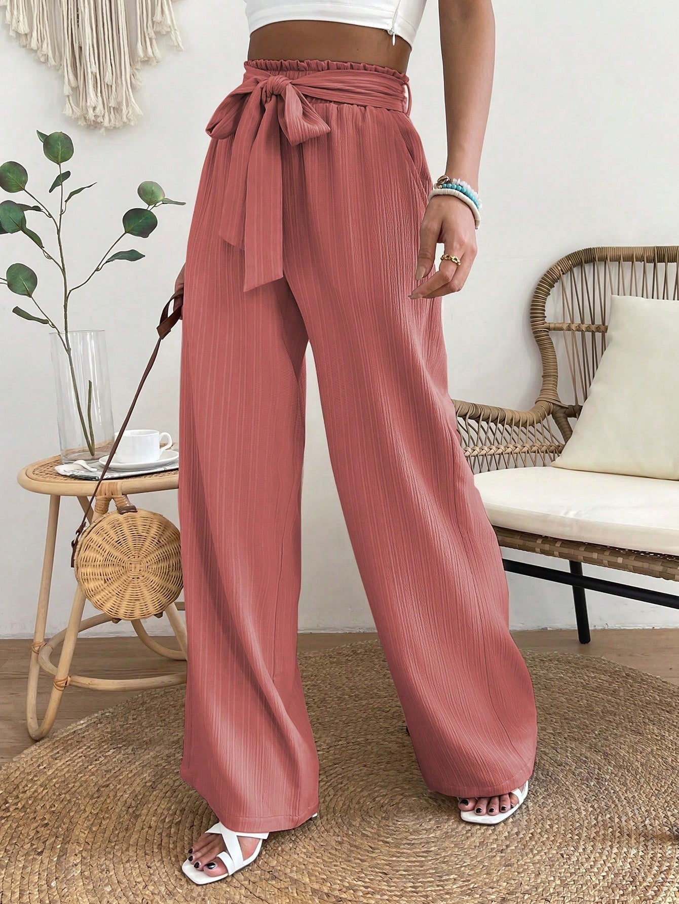 Paperbag Waist Belted Wide Leg Pants InsStreet