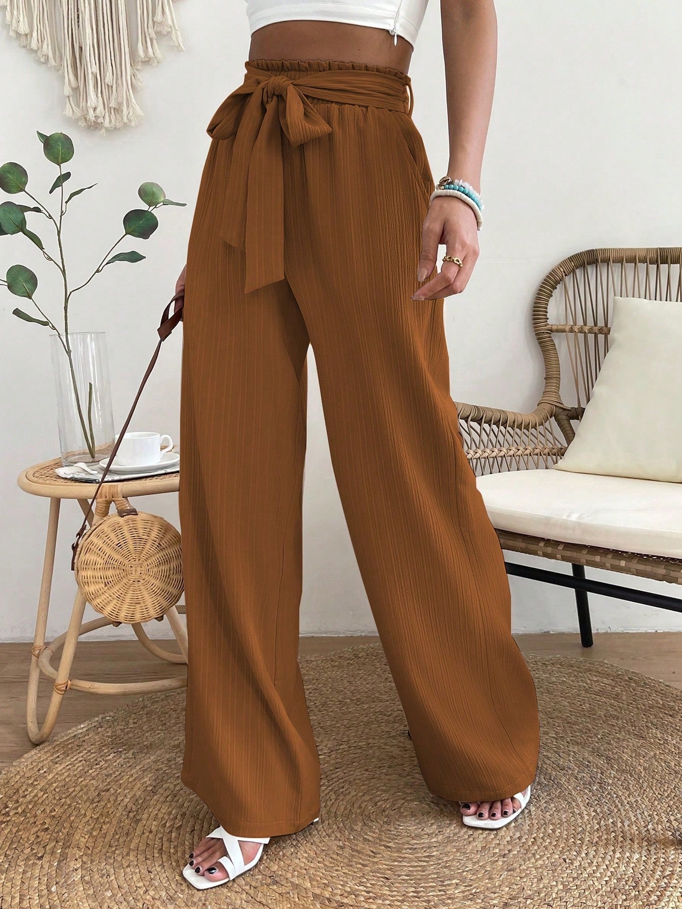 Paperbag Waist Belted Wide Leg Pants InsStreet
