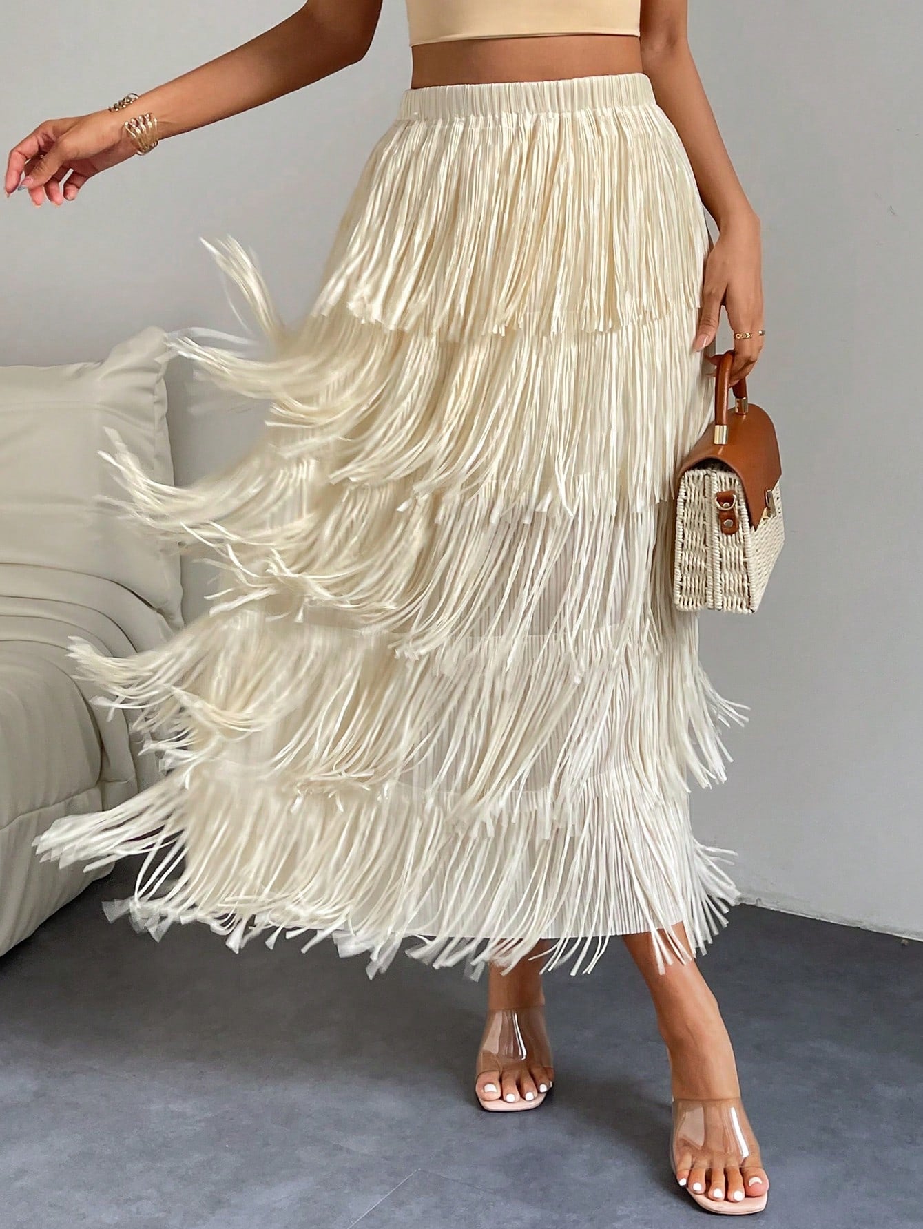 High Waist Fringe Trim Skirt InsStreet