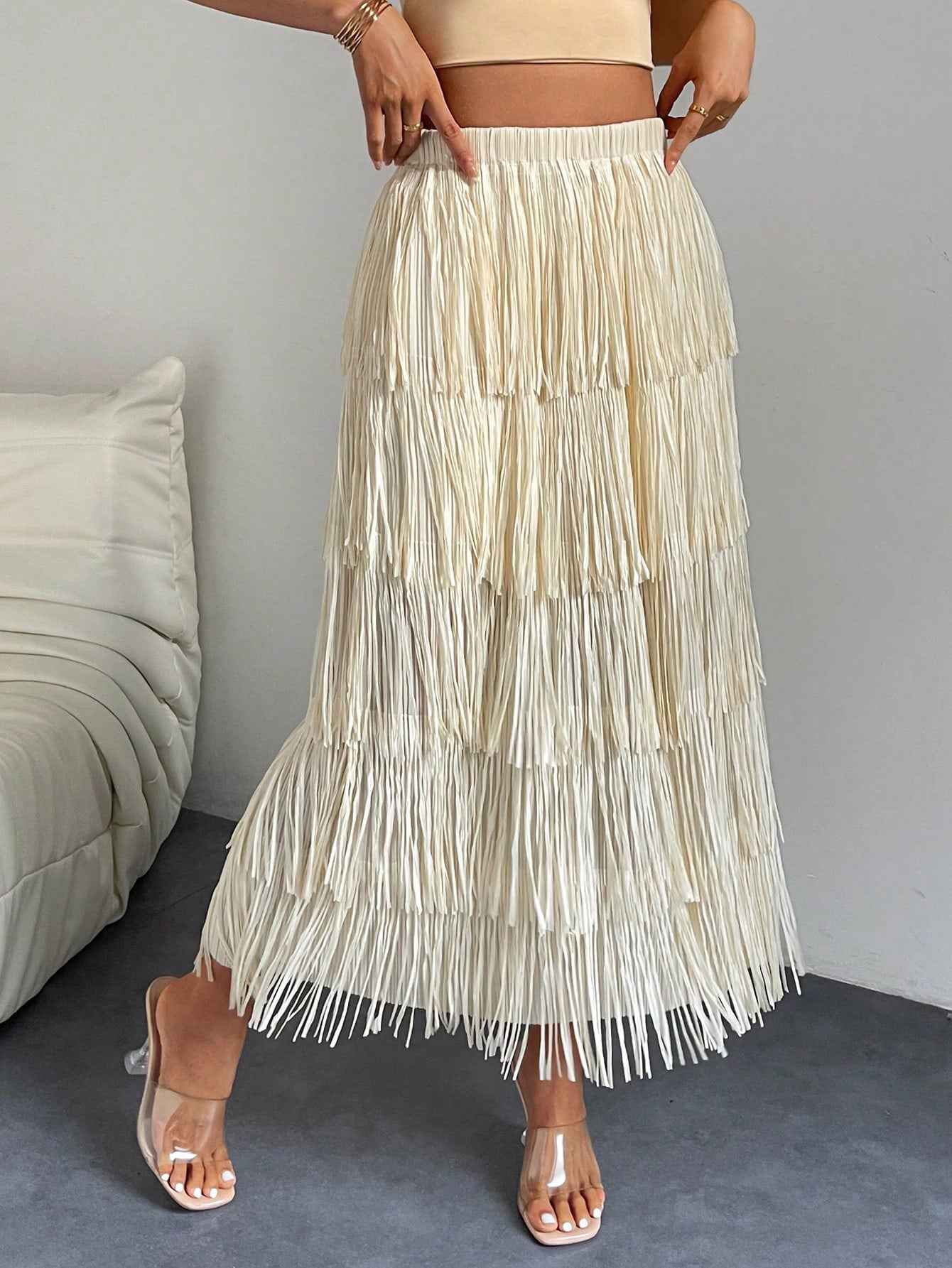 High Waist Fringe Trim Skirt InsStreet