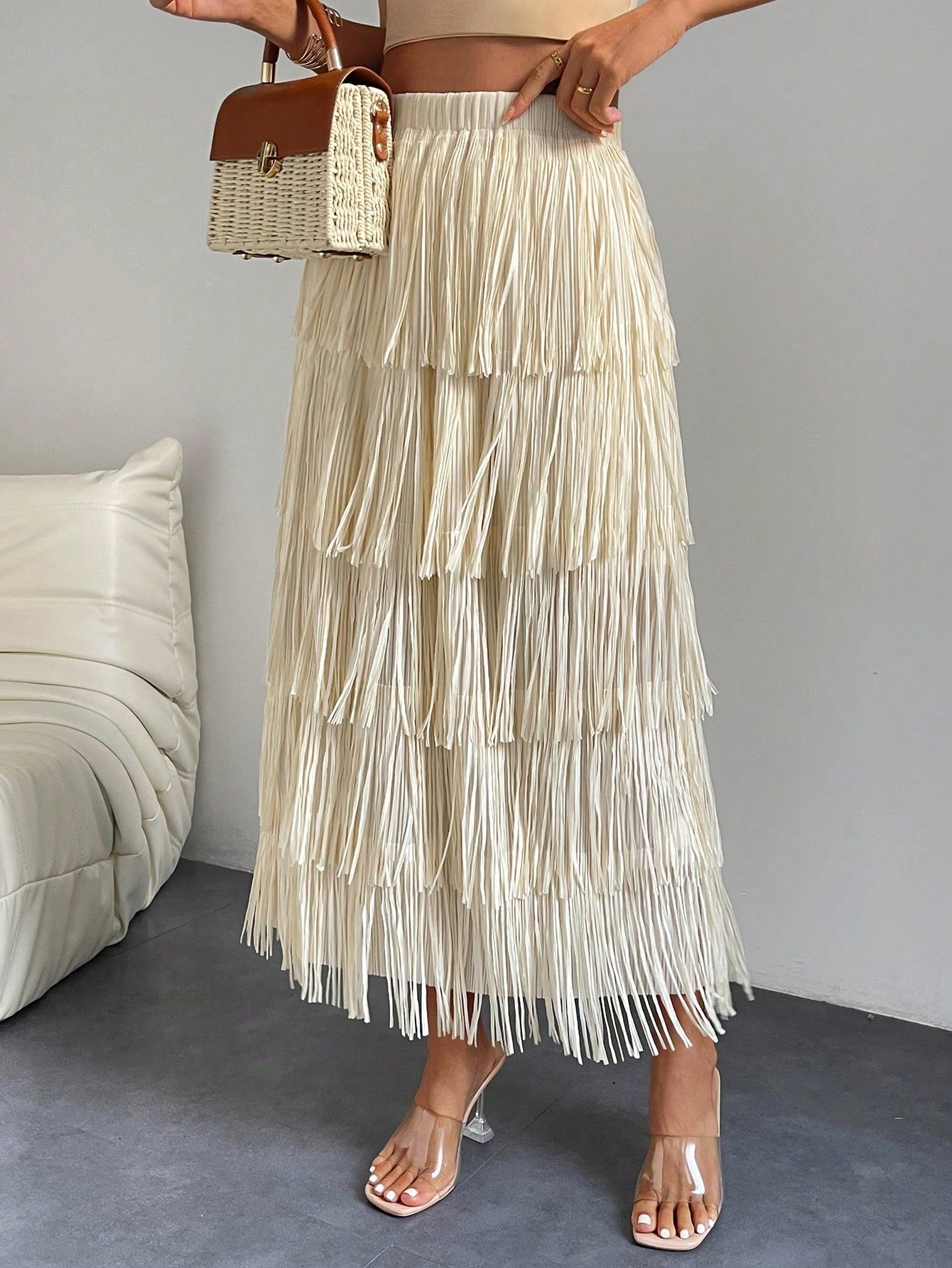 High Waist Fringe Trim Skirt InsStreet