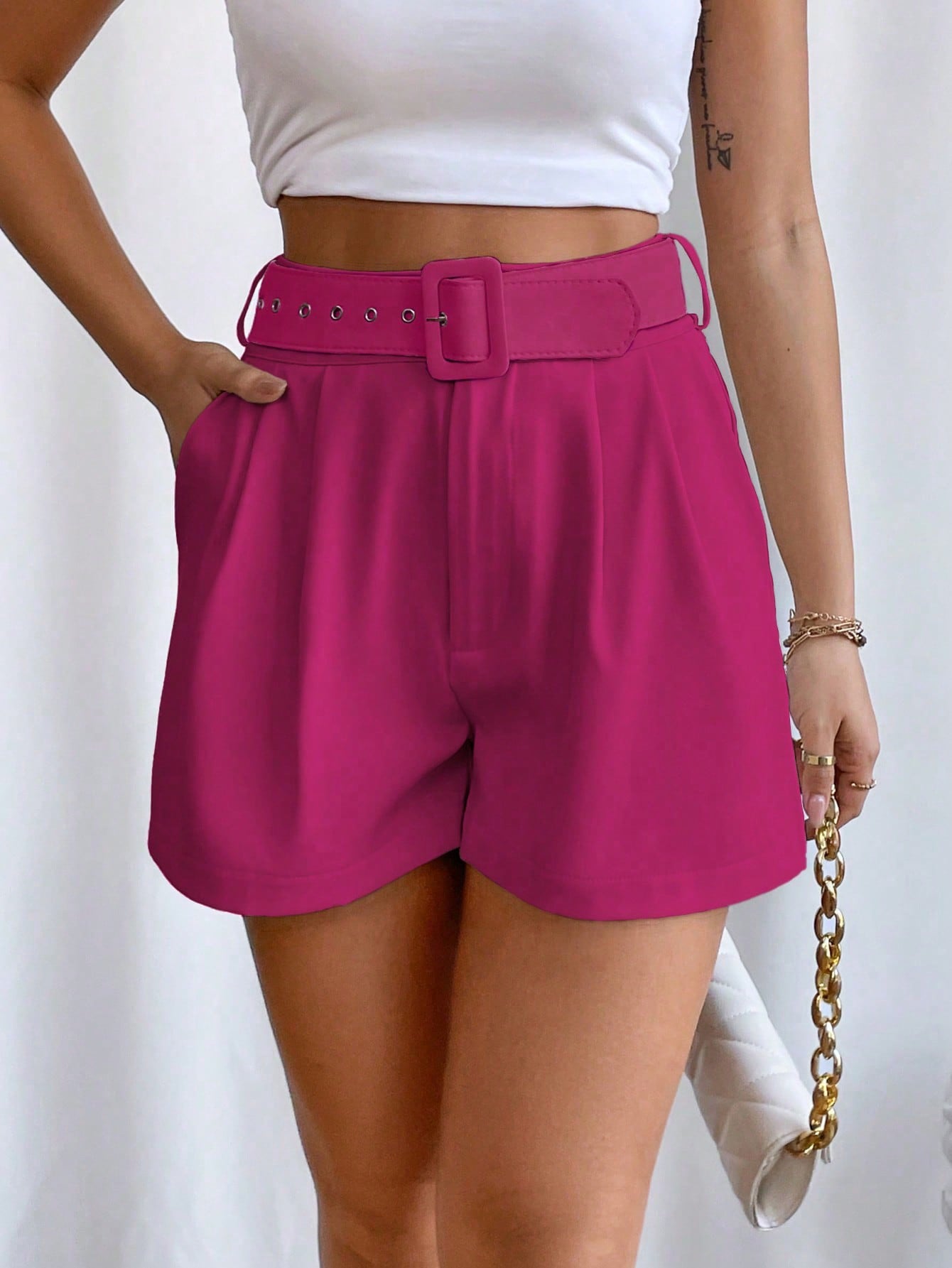 Fold Pleated Belted Wide Leg Shorts InsStreet