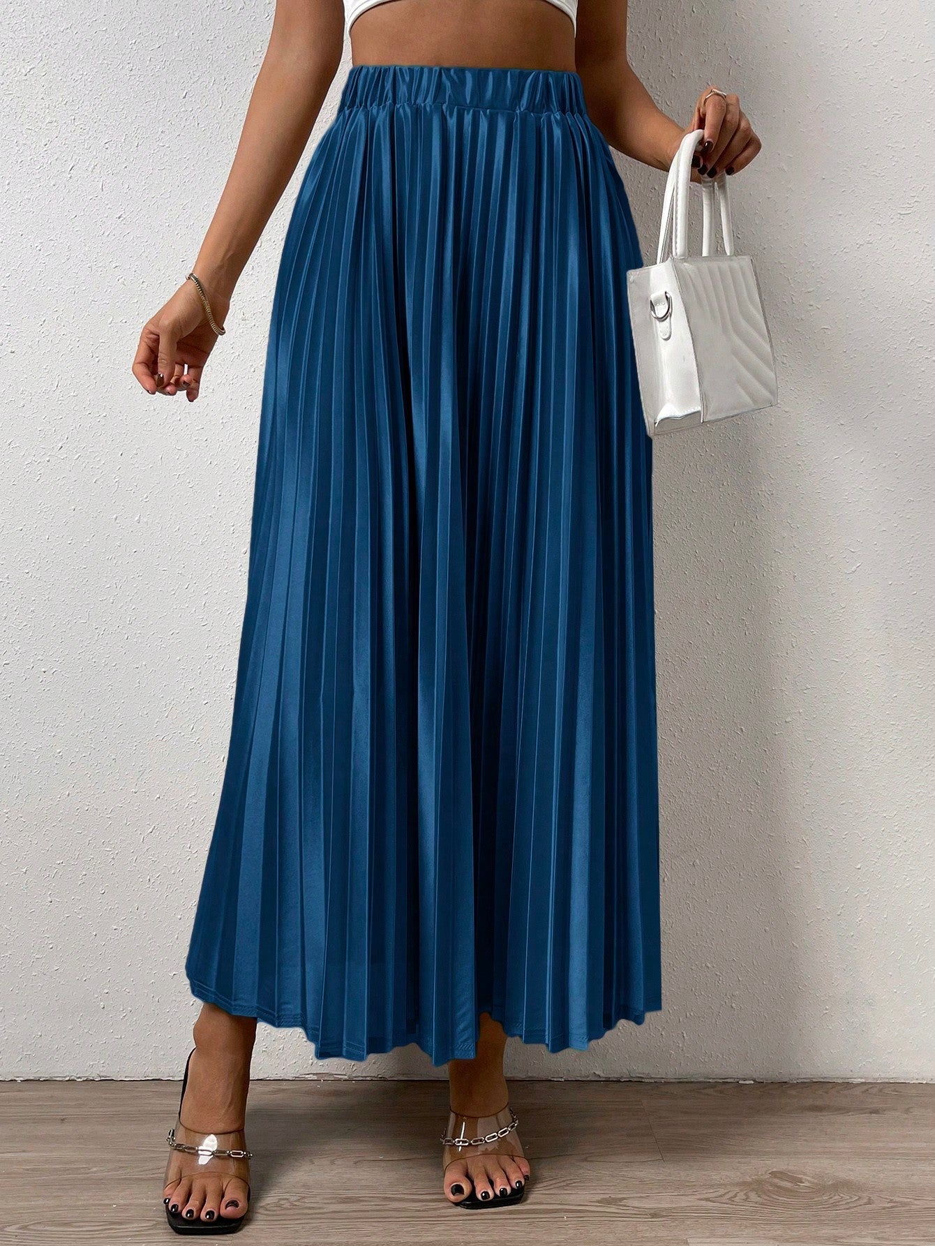 Solid Elastic Waist Pleated Skirt InsStreet