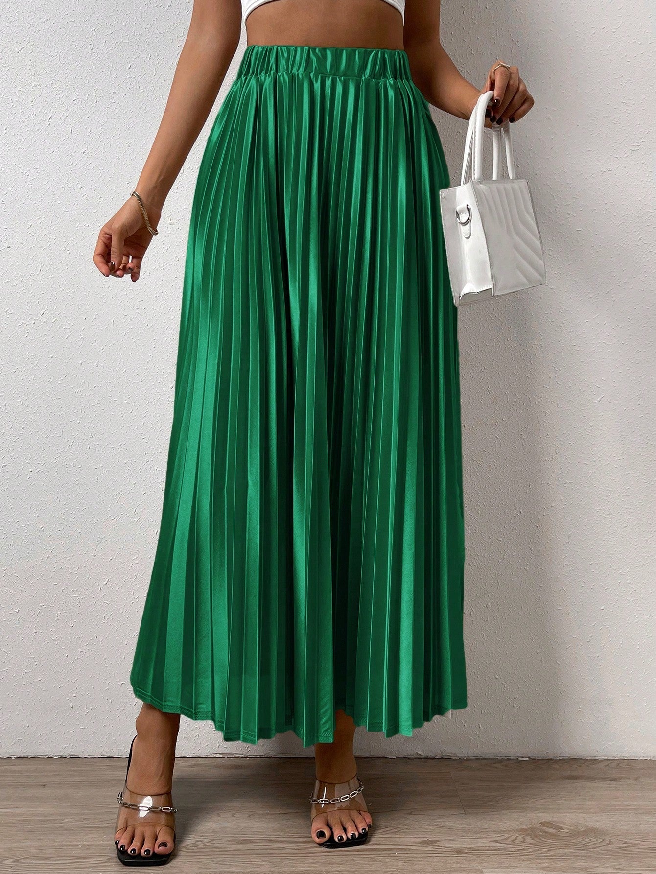 Solid Elastic Waist Pleated Skirt InsStreet