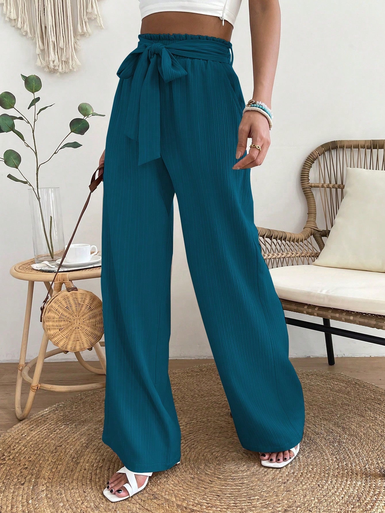 Paperbag Waist Belted Wide Leg Pants InsStreet