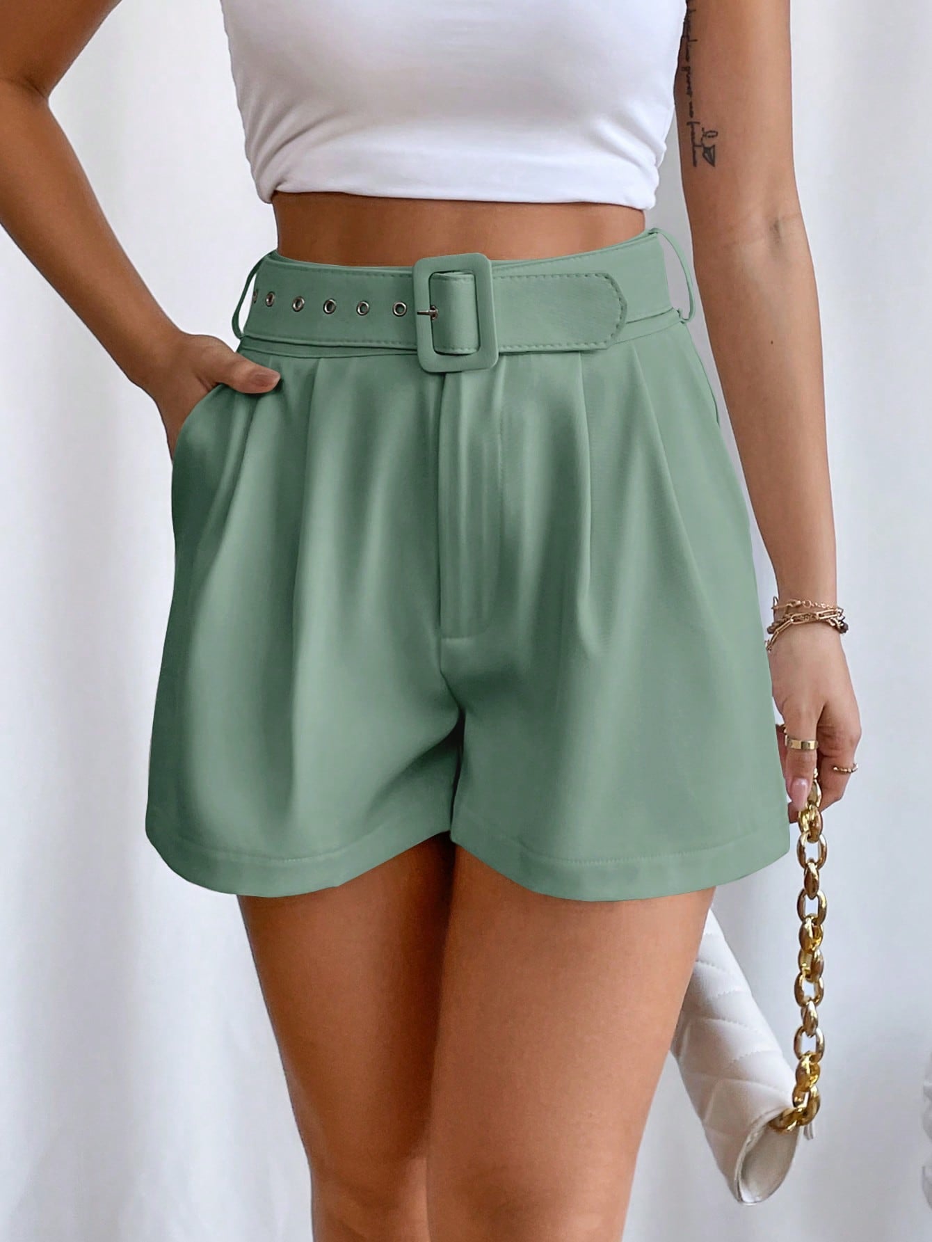 Fold Pleated Belted Wide Leg Shorts InsStreet