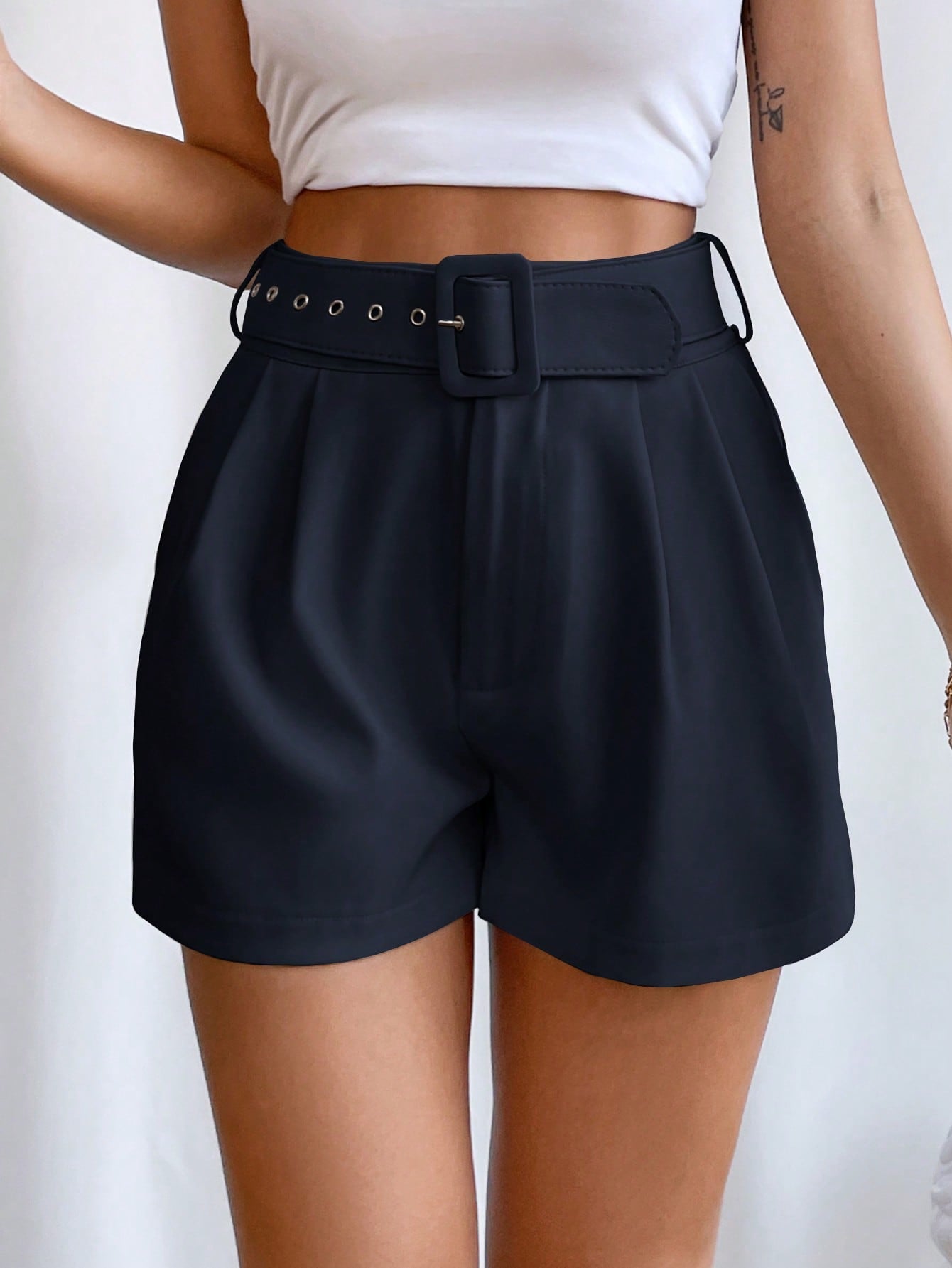 Fold Pleated Belted Wide Leg Shorts InsStreet