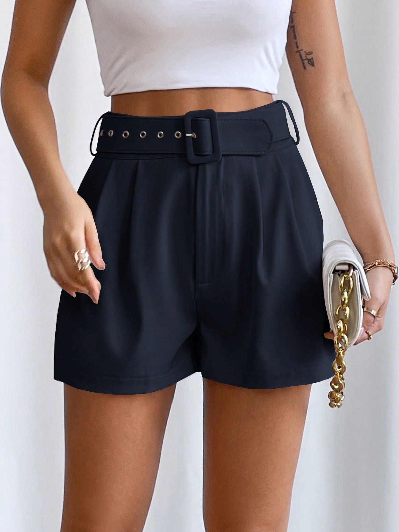 Fold Pleated Belted Wide Leg Shorts InsStreet