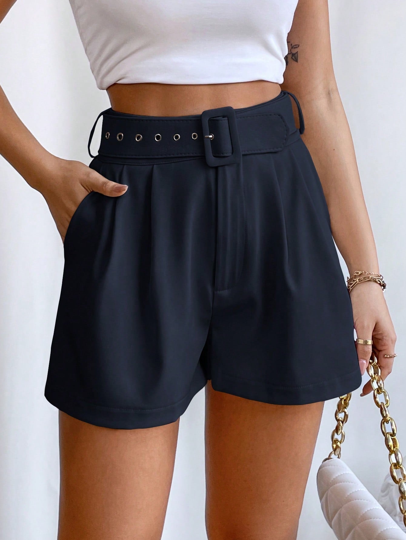 Fold Pleated Belted Wide Leg Shorts InsStreet