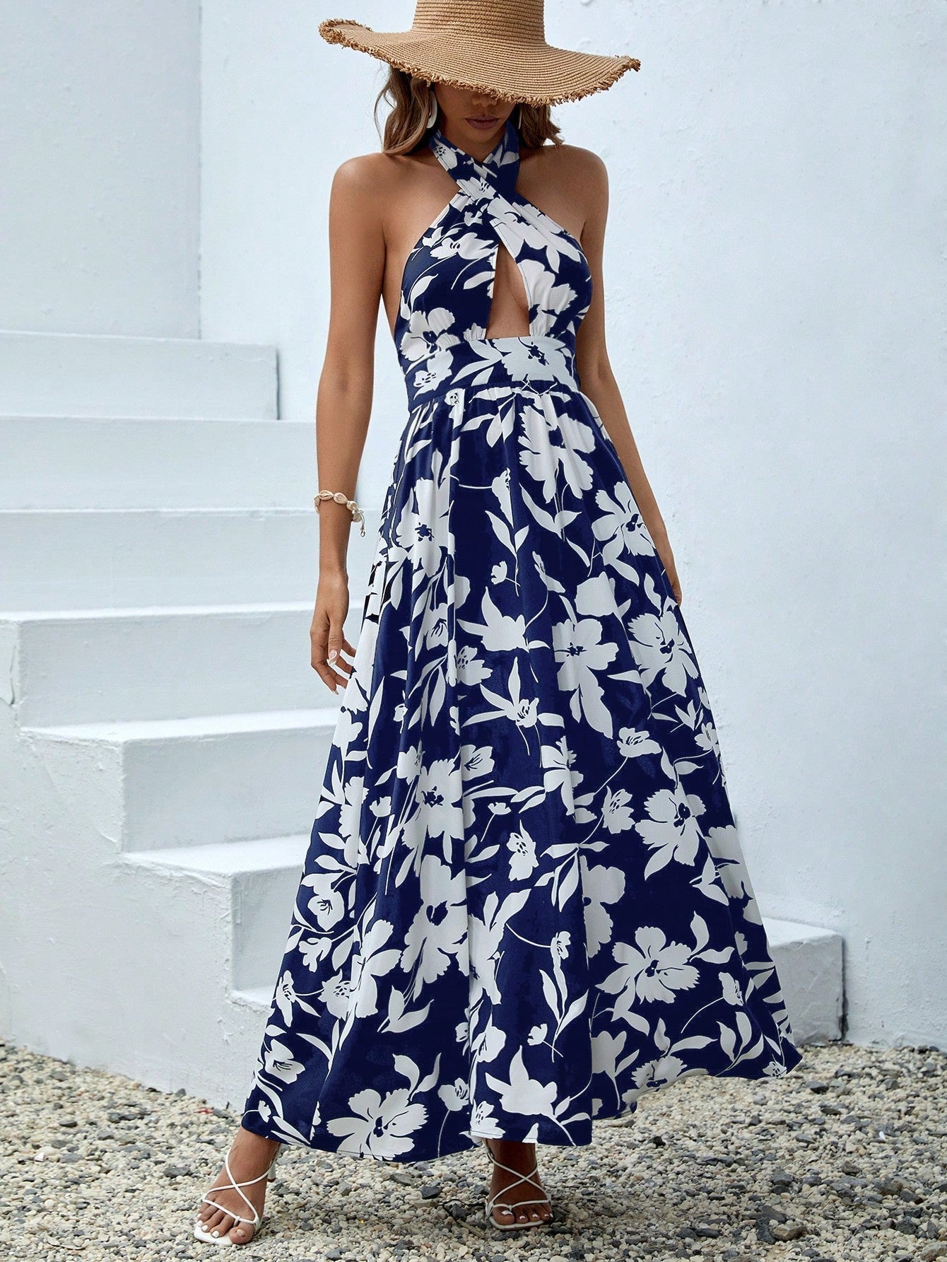 Floral Print Cut Out Halter Neck Backless Dress InsStreet