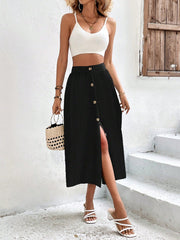 High Waist Button Detail Plisse A-line Skirt InsStreet