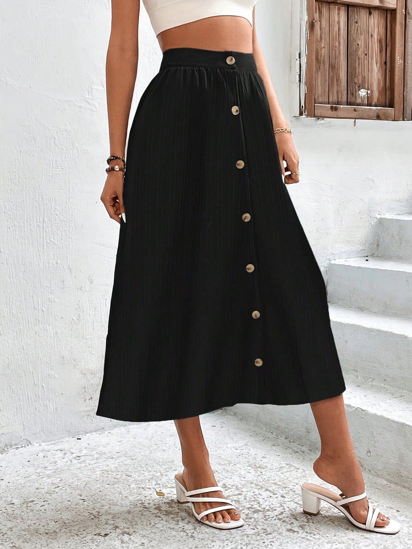 High Waist Button Detail Plisse A-line Skirt InsStreet