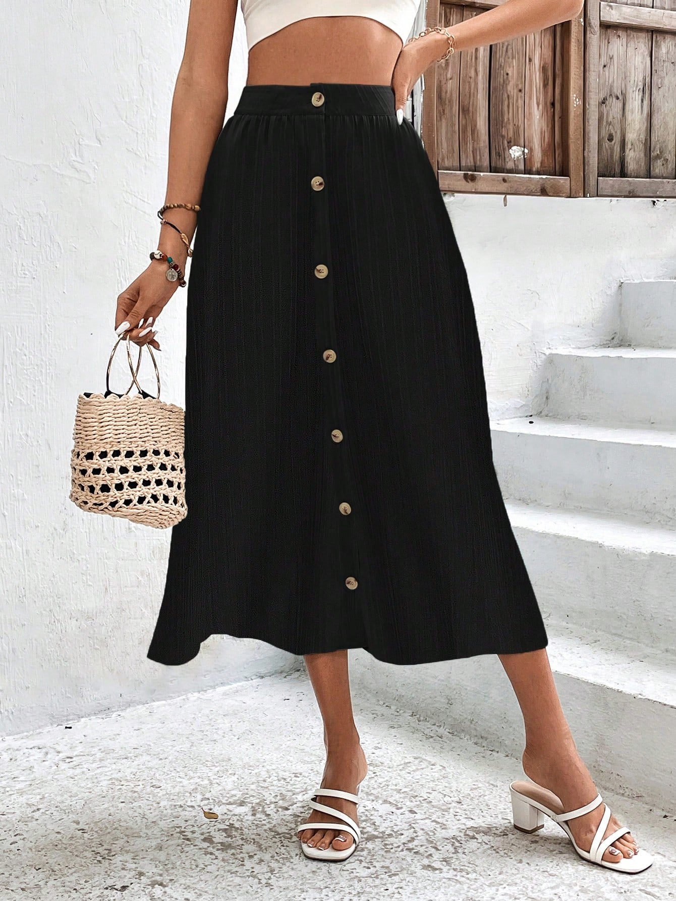 High Waist Button Detail Plisse A-line Skirt InsStreet