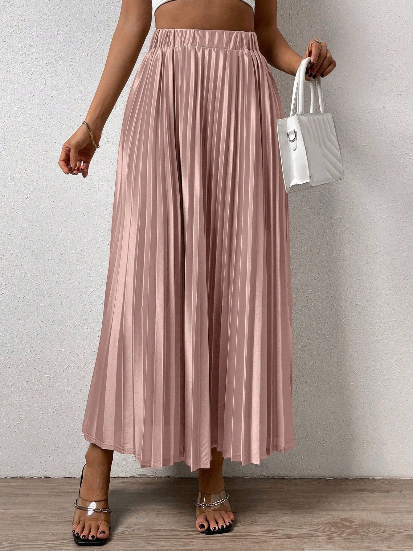 Solid Elastic Waist Pleated Skirt InsStreet