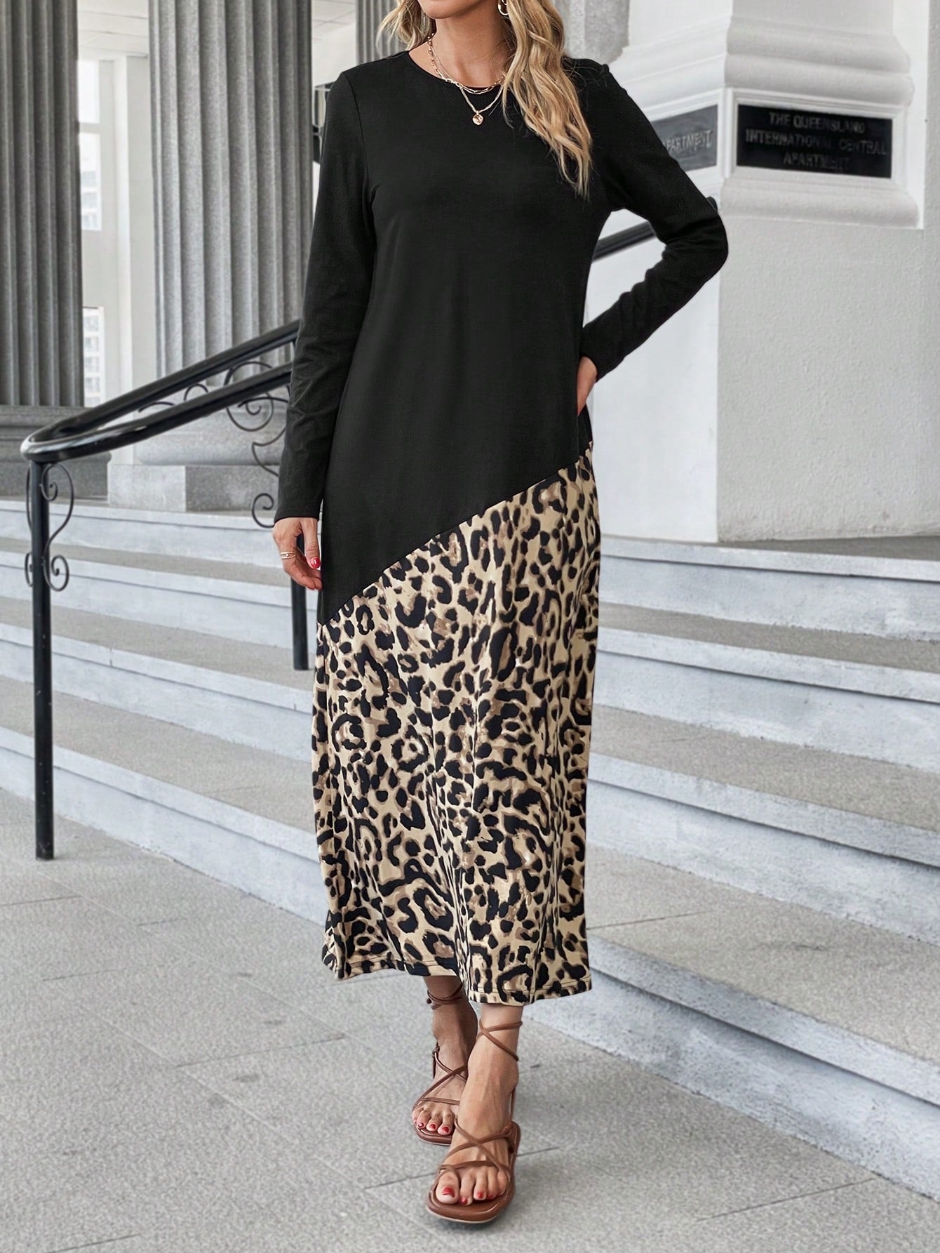 Leopard Print Round Neck Dress InsStreet