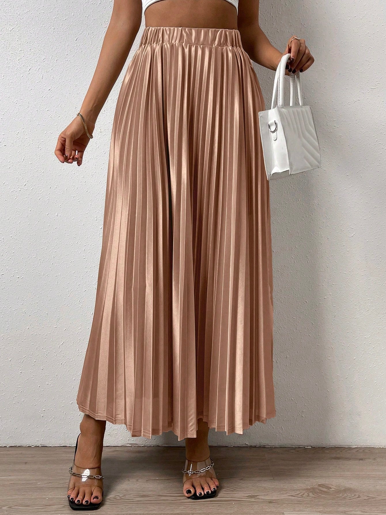 Solid Elastic Waist Pleated Skirt InsStreet