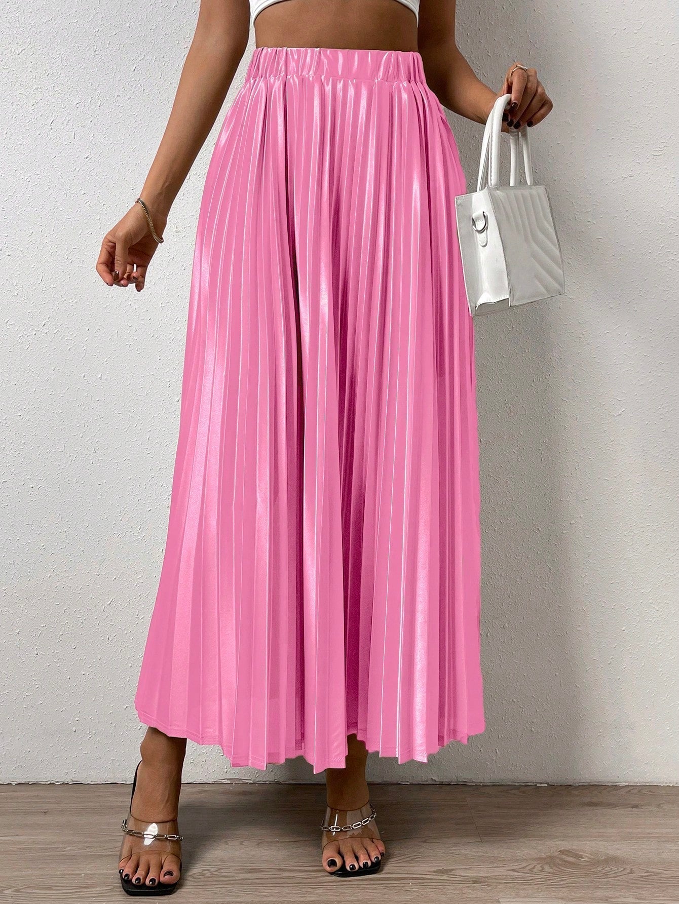 Solid Elastic Waist Pleated Skirt InsStreet