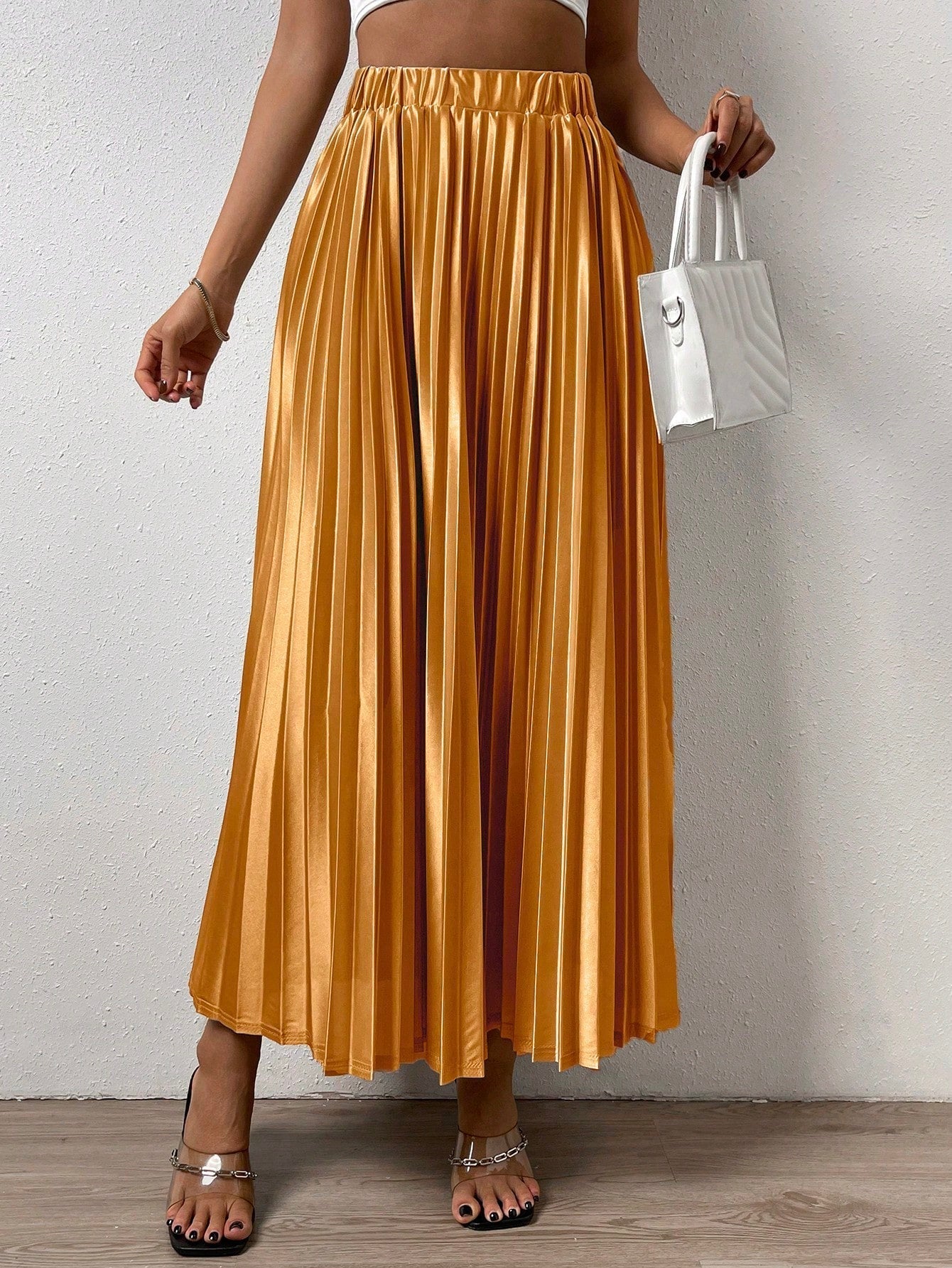 Solid Elastic Waist Pleated Skirt InsStreet