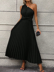 One Shoulder Twist Front Pleated Hem Dress InsStreet