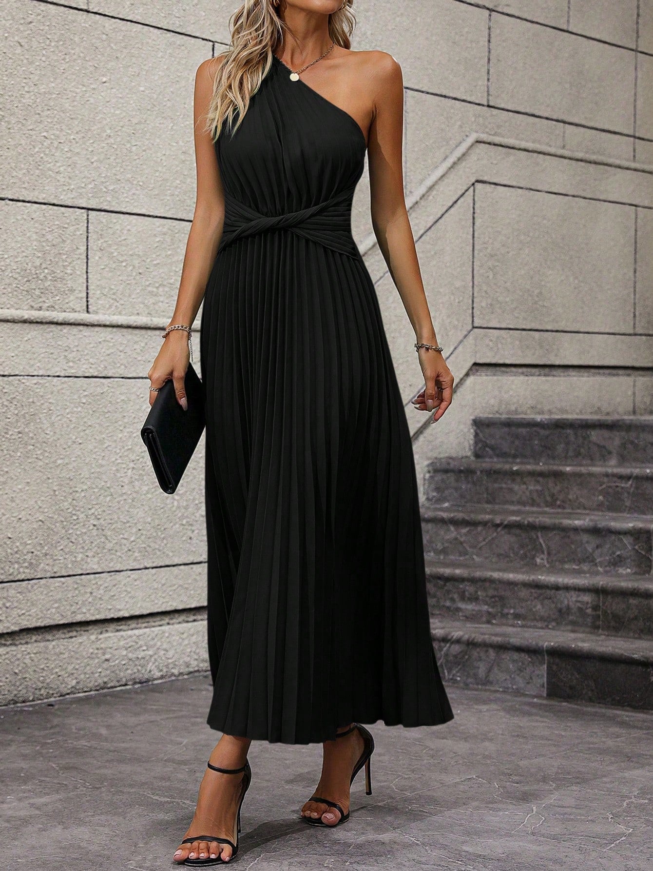 One Shoulder Twist Front Pleated Hem Dress InsStreet