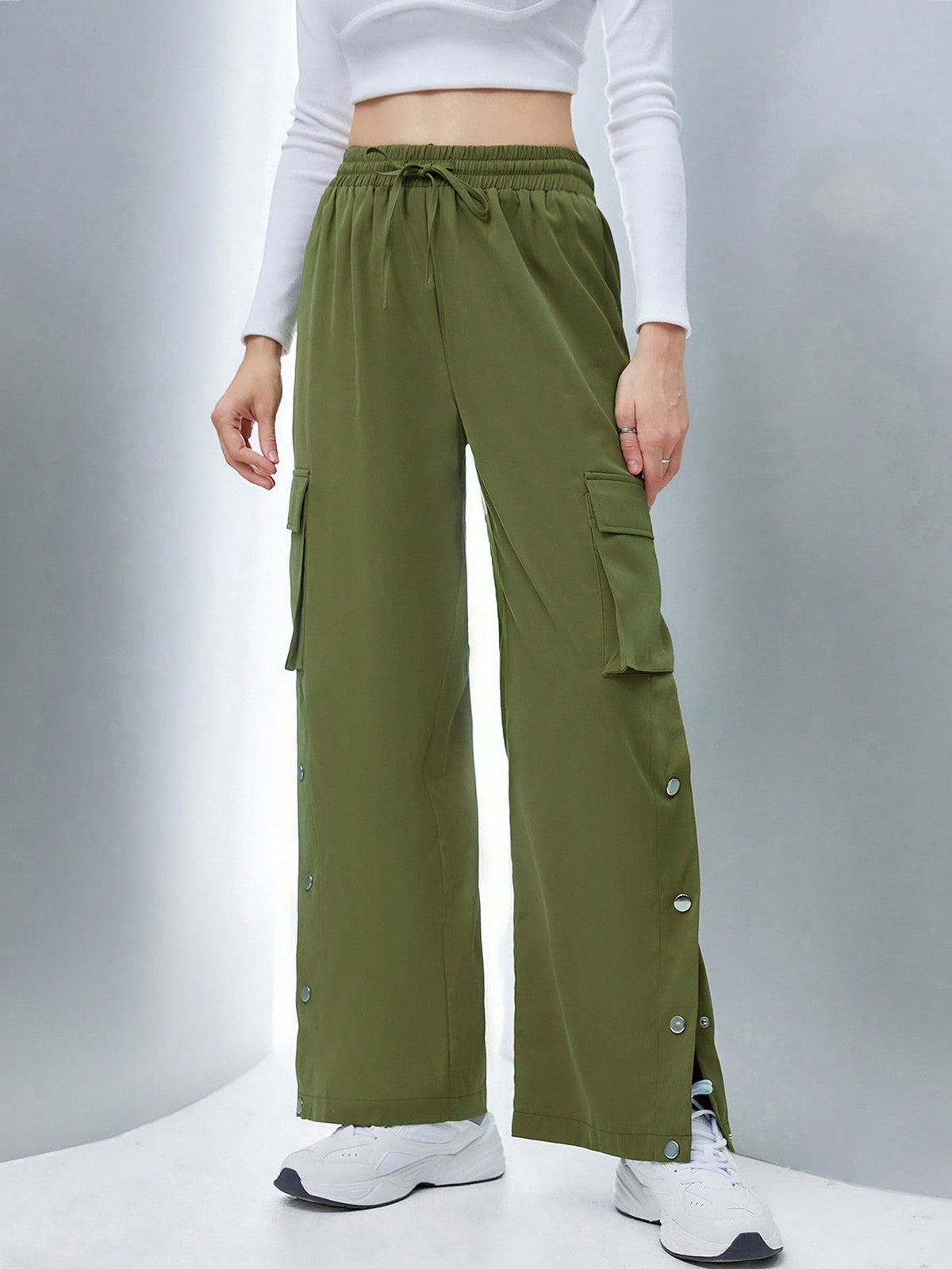 Flap Pocket Side Drawstring Waist Button Hem Cargo Pants InsStreet