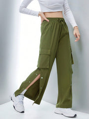 Flap Pocket Side Drawstring Waist Button Hem Cargo Pants InsStreet