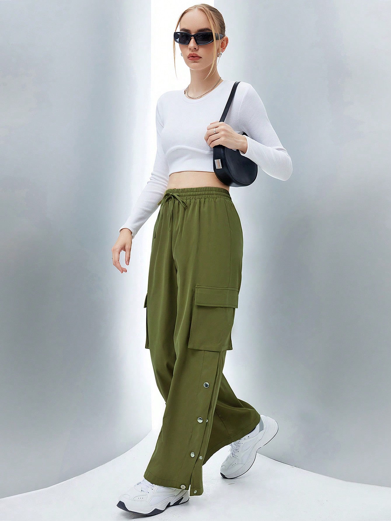 Flap Pocket Side Drawstring Waist Button Hem Cargo Pants InsStreet