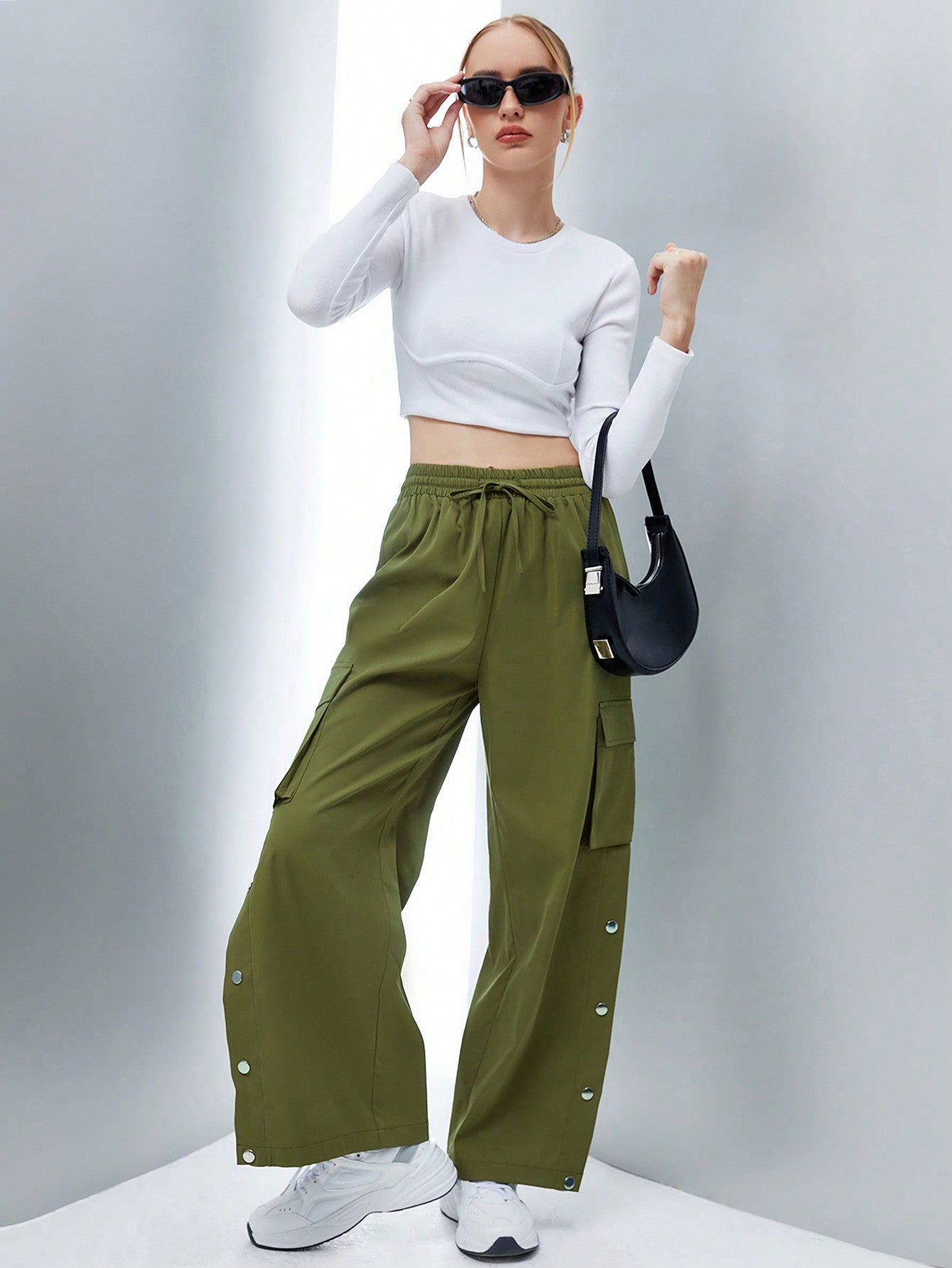 Flap Pocket Side Drawstring Waist Button Hem Cargo Pants InsStreet