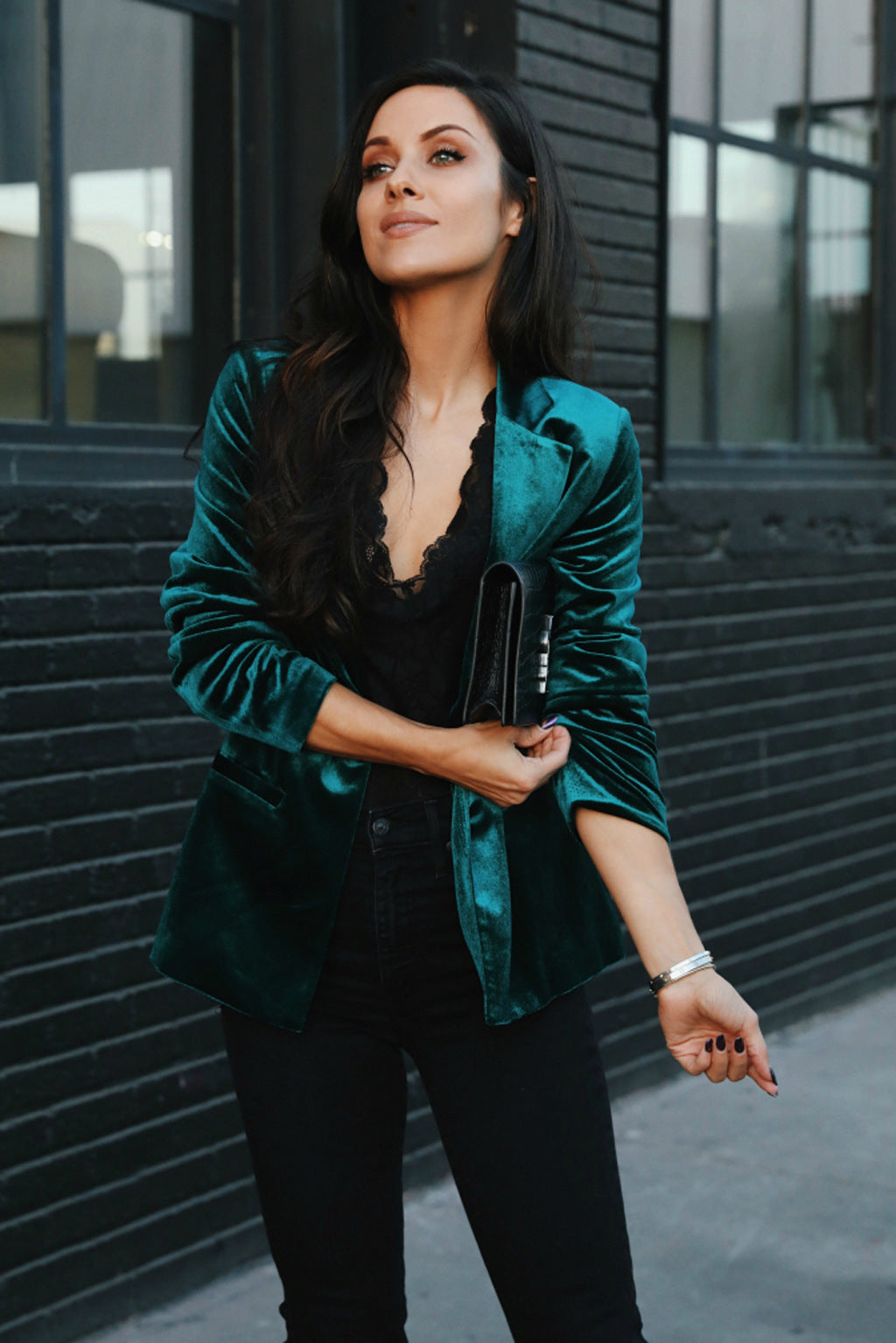 Claudia Velvet Ruched Sleeve Blazer - Hunter Green