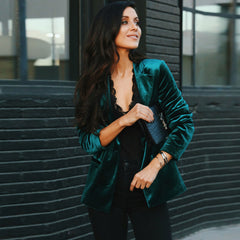 Claudia Velvet Ruched Sleeve Blazer - Hunter Green