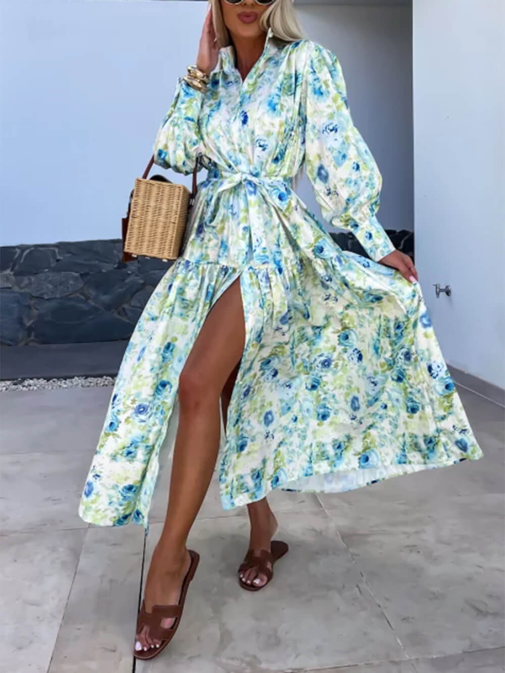 Charming Printed Shirt Buttons Graceful Plain Gold Floral Maxi Dress InsStreet