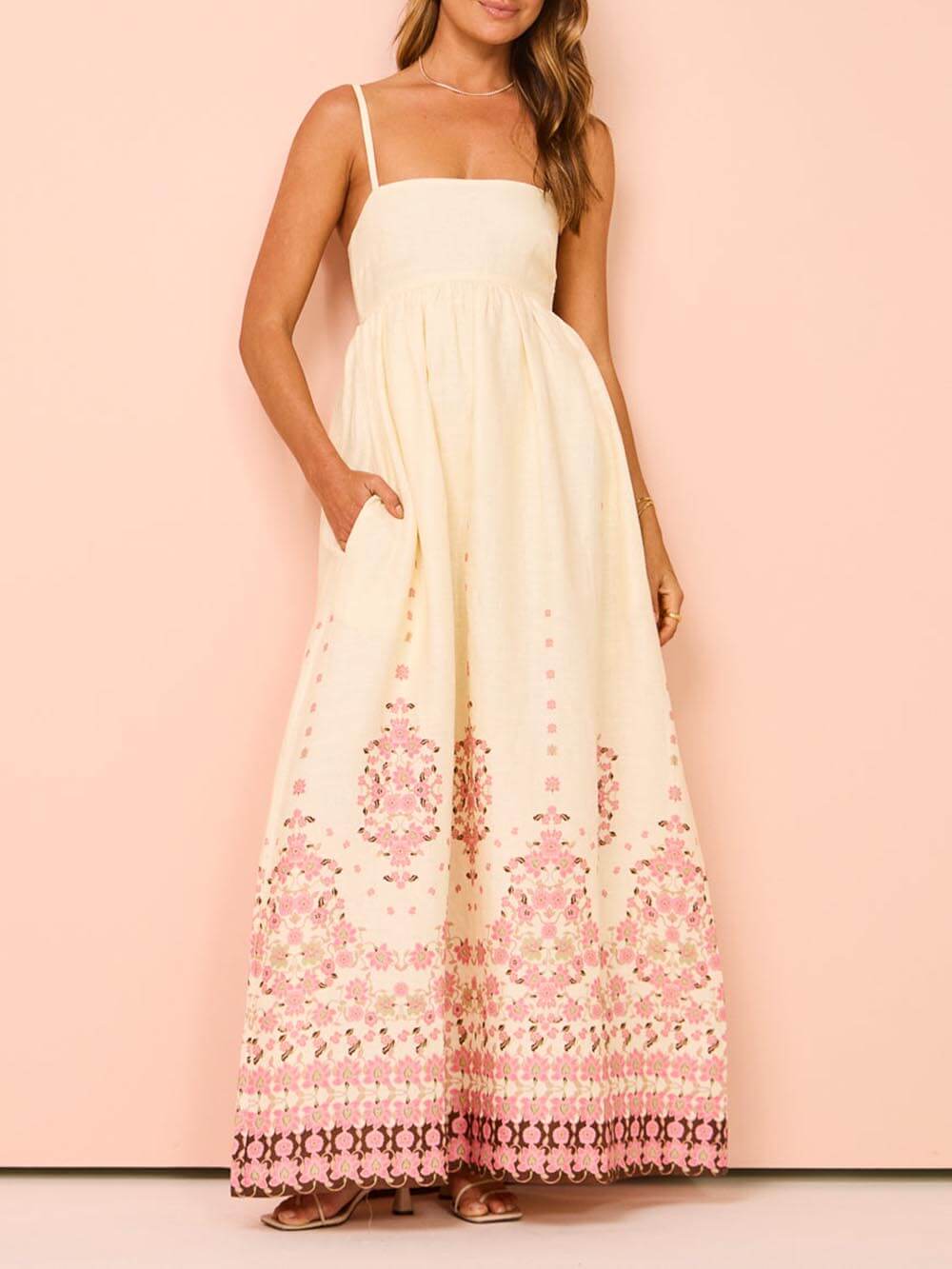 Ethnic Print Halter Charming Cream Extra Maxi Dress InsStreet