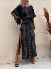 Ethnic Print Patchwork Charming Side Lace-Up Maxi Skirt InsStreet