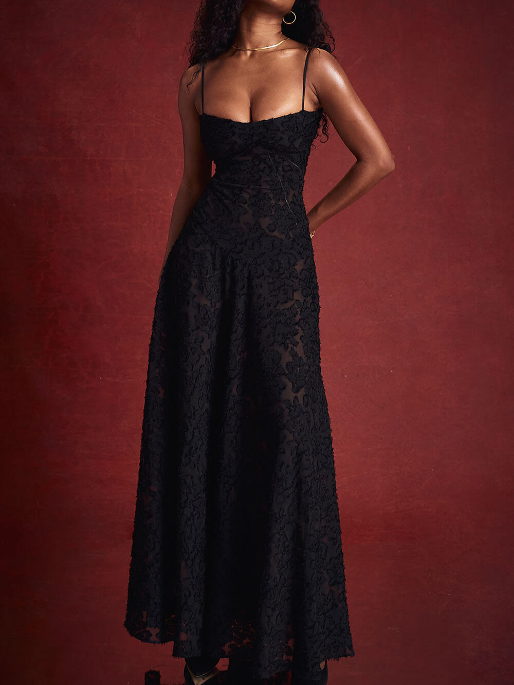 Black Floral Lace Charming Back Maxi Dress InsStreet