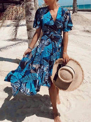 Palm Leaf Print Charming Wrap Over Midi Dress InsStreet