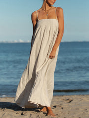 Offshore Pleated Strappy Charming Linen Maxi Dress InsStreet