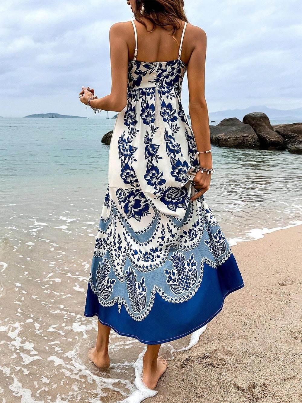 Floral Ethnic Print Back Graceful Smocked Loose Midi Dress InsStreet