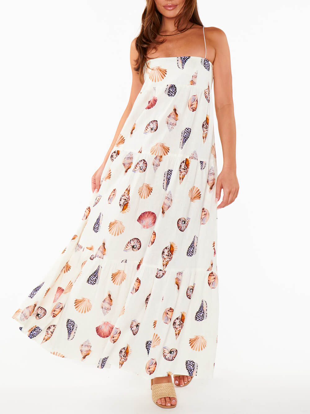 Unique Shell Conch Print Graceful Pleated Pockets Lightweight Maxi Dress InsStreet