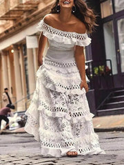 One-Shoulder Ruffled Hollow Swing Graceful Lace Patchwork Long Dress InsStreet