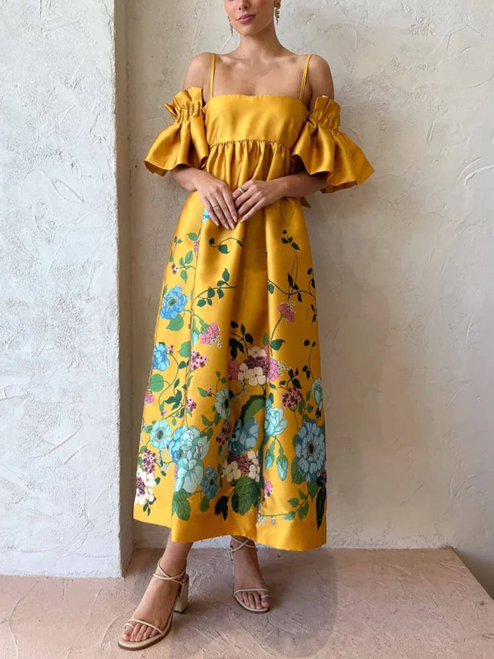 Marigold Printed Gathered Sleeve Graceful Pocketed A-Line Midi Dress InsStreet