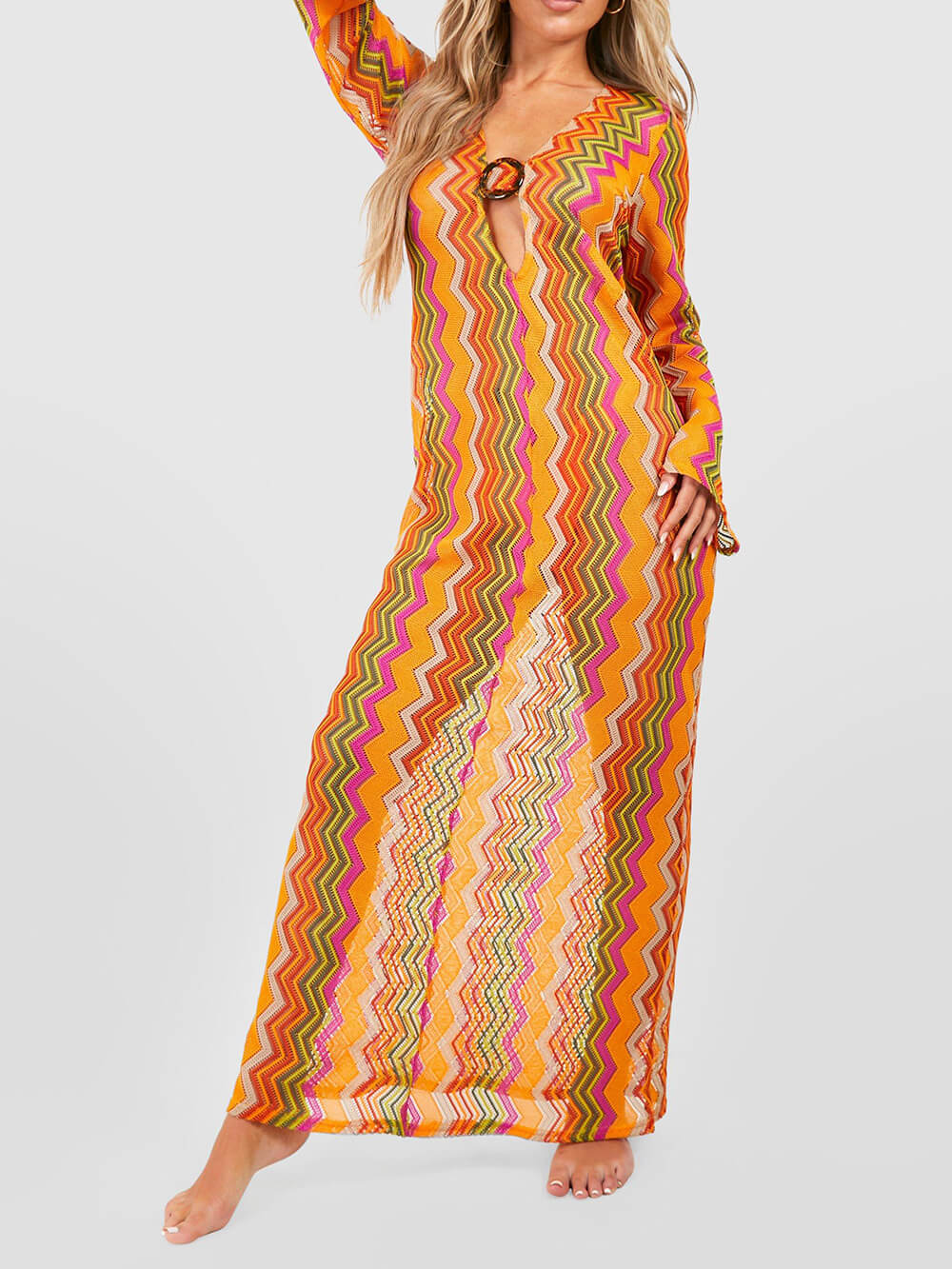 Orange Soda Stripe Print O-Ring Trendy Long Sleeve Beach Maxi Dress InsStreet