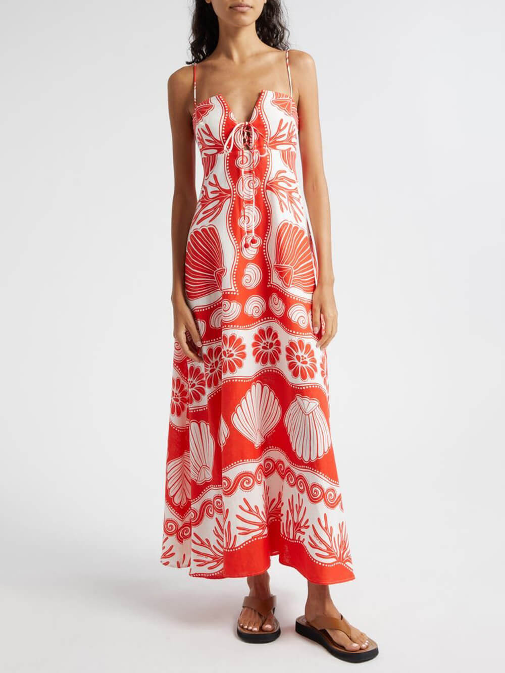 Shell Unique Print Front Graceful Lace-Up Loose Maxi Dress InsStreet